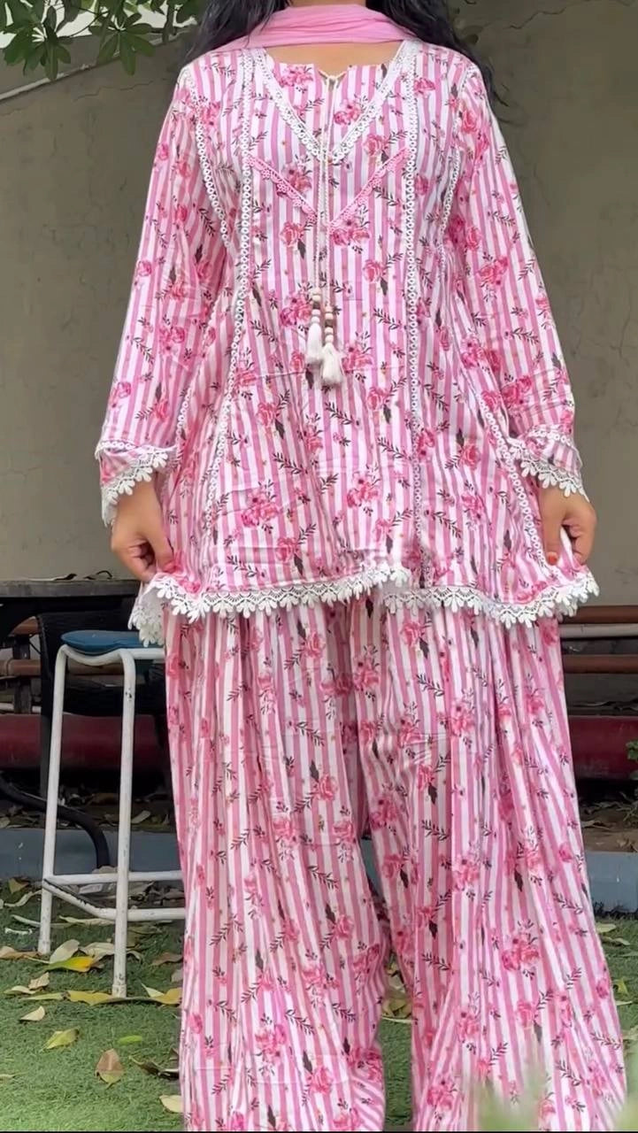 Pink Floral Coord Set Fancy Neck Detail Model KC26